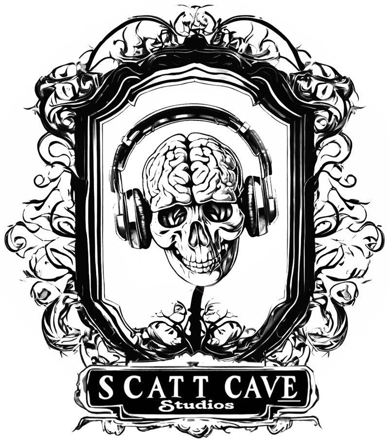 A Skull wearing headphones bears a sinister grin in a frame made of dead trees.  Scatt Cave Studios is in the name plate below the frame.